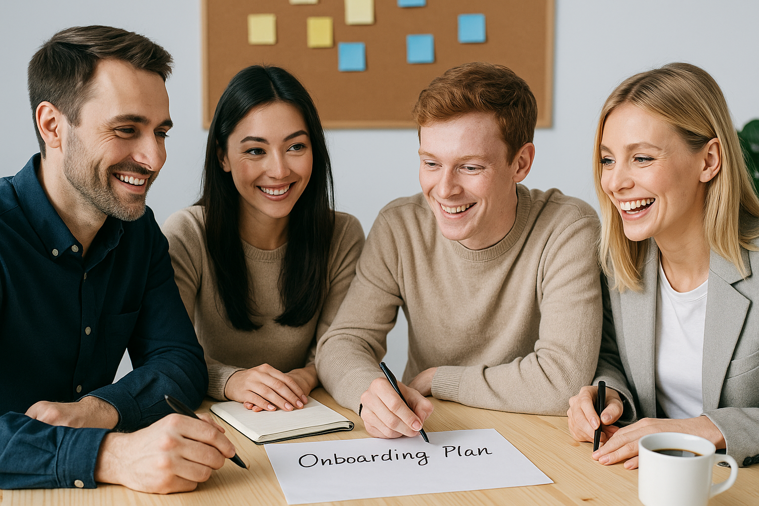 Quatre collaborateurs souriants collaborent lors d’une réunion de préparation d’un onboarding en entreprise – Elixys