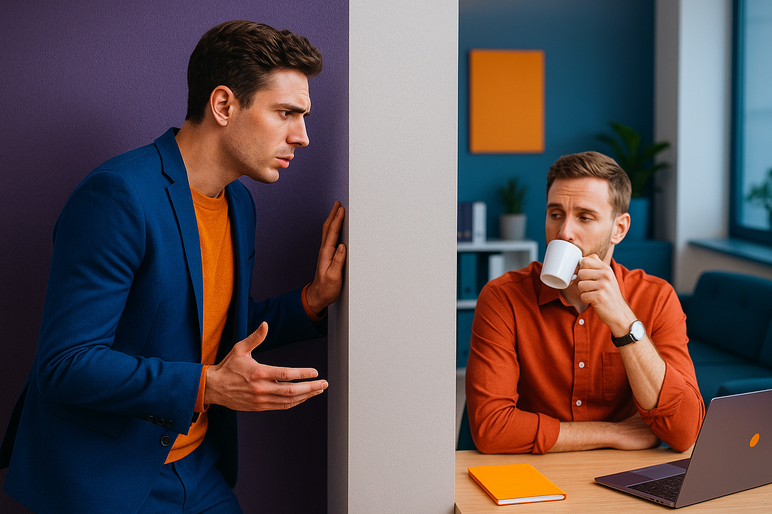 Un salarié parle à un mur sans réponse pendant qu’un collègue, isolé de l’autre côté, prend un café – illustration du manque de communication au travail