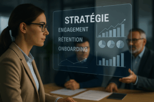Une professionnelle RH observe un écran transparent futuriste affichant des KPIs comme l’engagement, la fidélisation et l’onboarding, en arrière-plan un tuteur échange avec un jeune salarié.